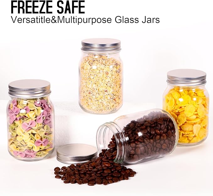 BEWAVE Glass Mason Jars, 16oz Clear Glass Jars with Lids for Sealing, Regular Mouth Canning Jars for Food Storage, Snacks, Candies, DIY Projects, 4 Pack