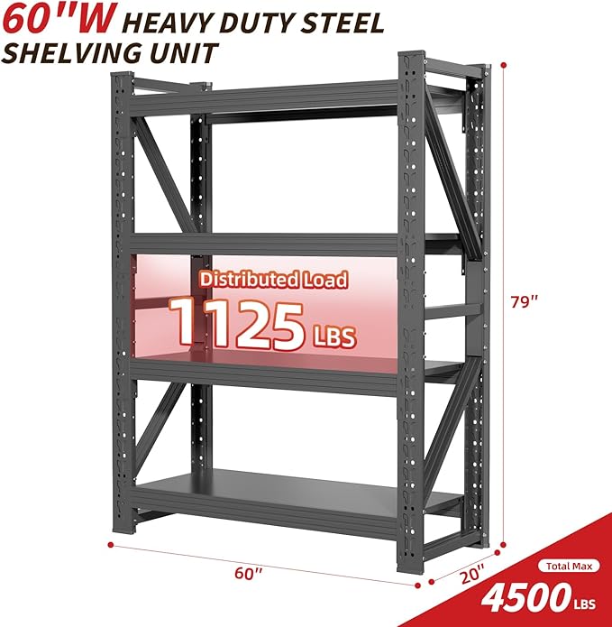 60" W Garage Shelving,4-Tier Heavy Duty Storage Shelves Unit with Adjustable Metal Shelf for Warehouse,Basement,Workshop,4500LBS,60" W x 20" D x 79" H,Black