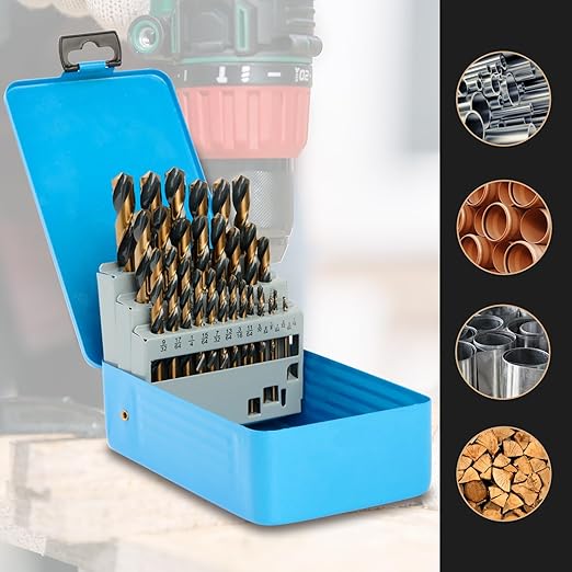 Drill Bit Set, 29Pcs High Speed Steel Bits with Black and Gold Finish for Hardened Metals, Cast Iron and Wooden Plastics, with Metal Index Storage Box, 1/16"-1/2"