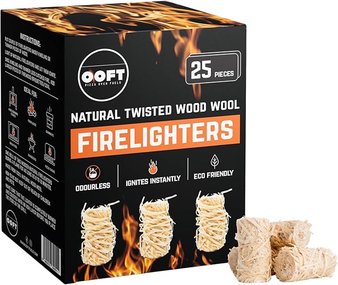 OOFT Natural Firelighters - Ignite Instantly and Odourless - Perfect for use with Pizza Ovens, Barebeques, Wood Burning Stoves, Open Fires and Camp Fires - Box of 25