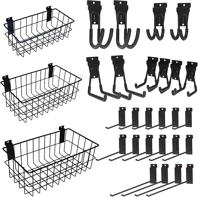 NeatiEase 29 PCS Slatwall Accessories Kit for Garage Rooms Shops Storage, Slat Wall Accessory Includes 3 Pack Slatwall Baskets Set and 26 PCS Multisized Heavy Duty Slatwall Hooks