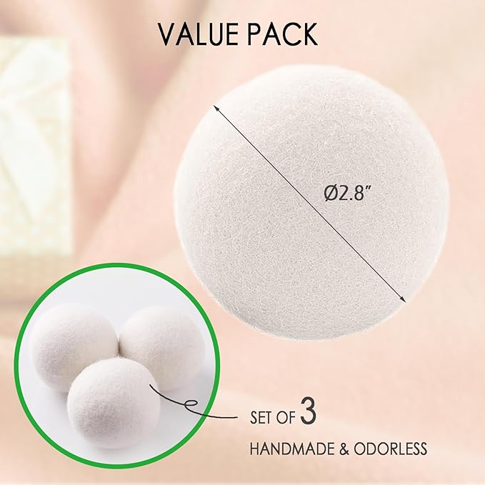 Wool Dryer Balls, 3 Count XL Dryer Lint Balls, Reusable Premium Natural Fabric Softener, Efficiently Add Essential Oils Instead of Dryer Sheets, Laundry Room Organization Essentials