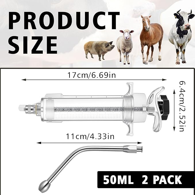 2 Pcs 50ml Large Cattle Drench Gun Large Dosage Feeding Gun Reusable Veterinary Medicine Syringe Continuous Dosing Feeding Dispenser Device for Pig Cow Sheep Goat Horse Livestock(Stylish)