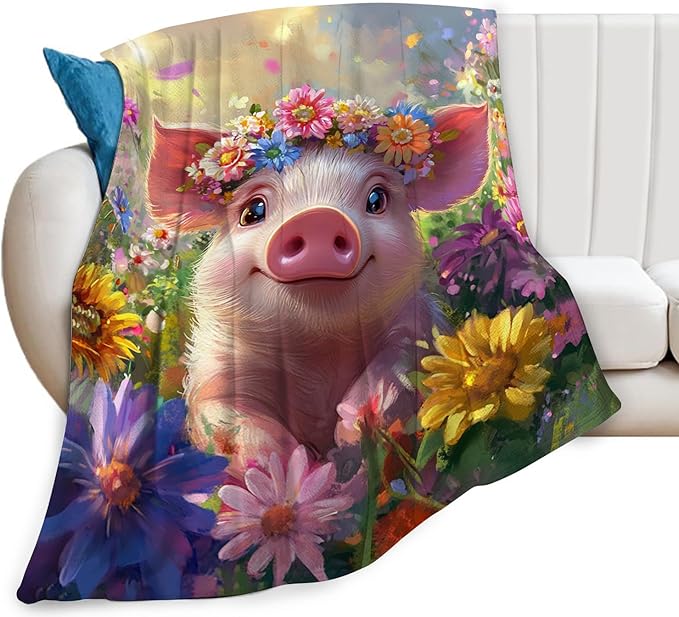 Pig Blanket, Pink Pig Throw Blanket, Flower Gifts Blankets Stuff Fleece Flannel Plush for Girls Women Men Boys Lovers Adults Soft Bedding Gift for Sofa Bed Office Home Decor 60"x50"