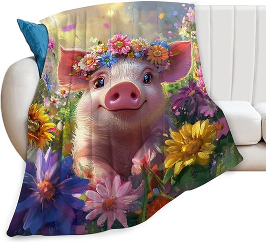 Pig Blanket, Pink Pig Throw Blanket, Flower Gifts Blankets Stuff Fleece Flannel Plush for Girls Women Men Boys Lovers Adults Soft Bedding Gift for Sofa Bed Office Home Decor 60"x50"