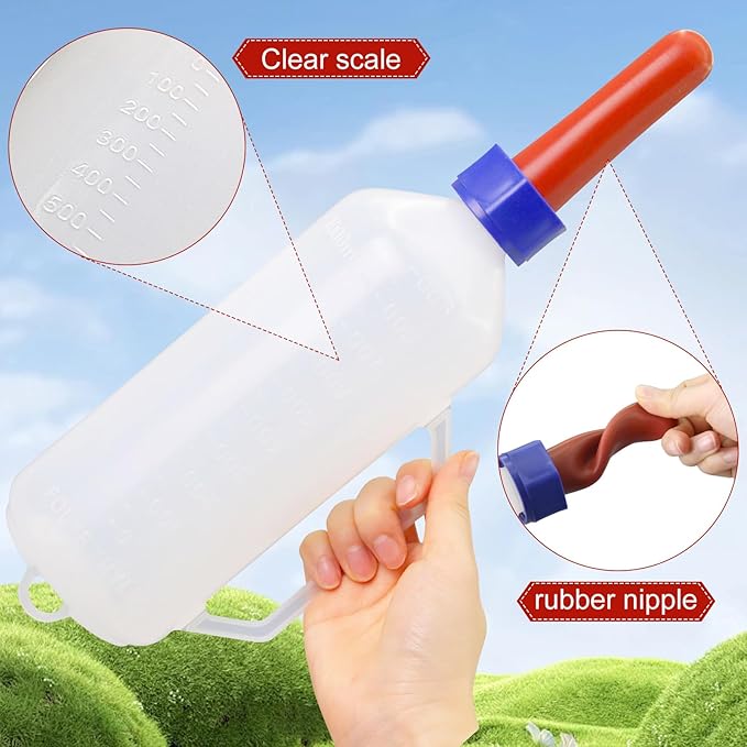 1 Quart Calf Milk Feeder Bottle Screw-On Calf Nursing Set of Bottle with Nipple & Cap，Calf Bottle Milking Feeding Livestock Tools with Replacement Nipple (1000ml Bottle with Handle)