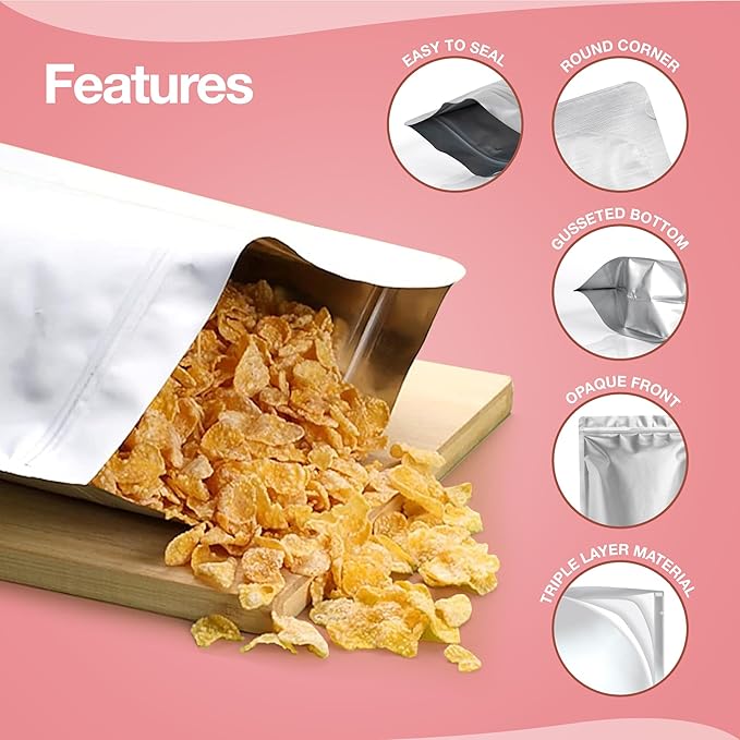 BELLE KR® 1 Quart Mylar Bags for Food Storage - Pack Of 100 - Extra Thick 10 Mil - 7"x10" Resealable Stand Up Mylar Ziplock Bags with Label Stickers