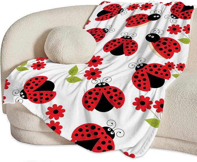 Ladybug Blanket, Lady Bug Cartoon Throw Blankets, Flower Green Leaves Fuzzy Plush Blanket Ultra Soft for Animal Lover Gift Kids Teens Women Men Girls Boys Stuff Decor for Bedding Sofas Couch 60"X50"