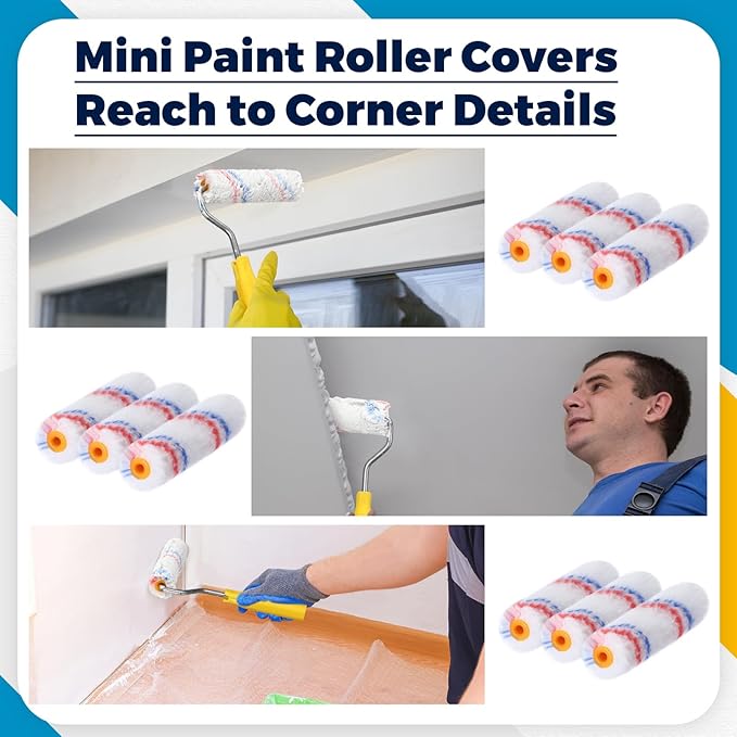 Nuogo 150 Pcs 4 Inch Mini Paint Roller Cover 1/2" Nap Small Microfiber Roller Covers Home Repair Tools House Household Supplies Kit(Red, Blue)
