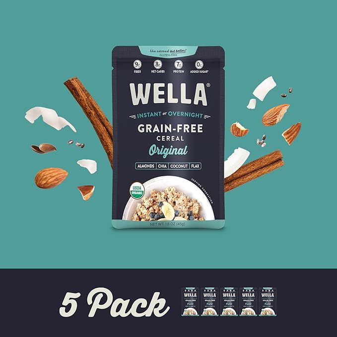Wella Cereal Oatmeal Alternative, Gluten-Free Breakfast Hot Cereal, Grain-Free Paleo Organic Vegan High Protein Superfood, Plant-Based Non-GMO, Low in Net Carbs, Single-Serve Packets, Original Flavor (5 Count, 1.6 oz. Packets)