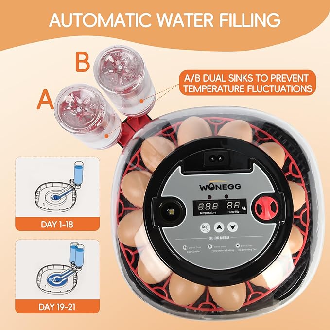 12 Egg Incubator with Automatic Turning, Humidity Control, LED Egg Candler, and Auto Water Addition, for Hatching Chicken, Goose, Duck, Quail, Pigeon (12 Egg Incubator Pro)