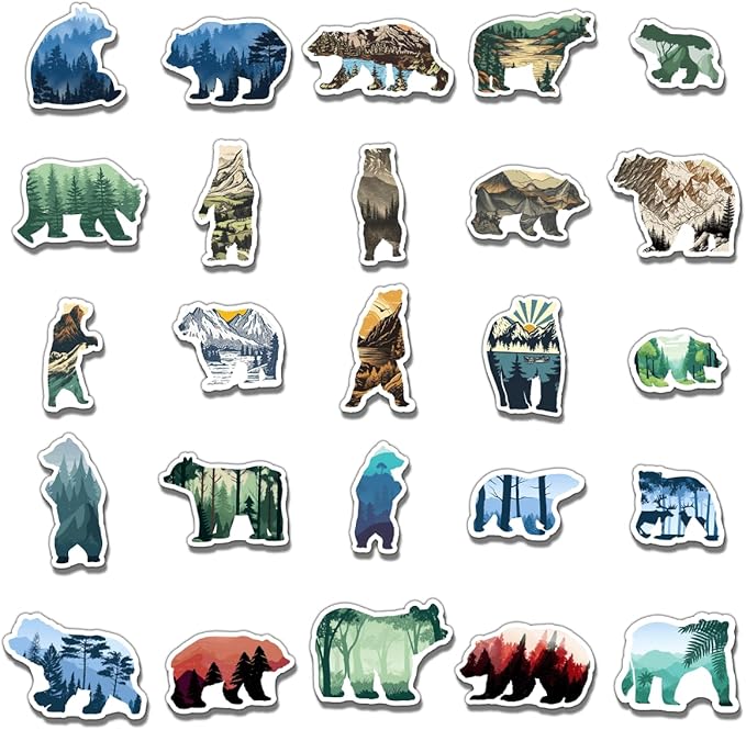 Pack 50 Pcs Funny Animal Grizzly Bear Stickers for Water Bottles Waterproof Laptop Luggage Computer Scrapbooking Teens Adults Girls Boys Aesthetic Sticker Packs Small Vinyl Decals
