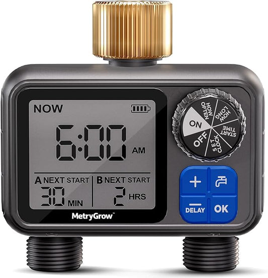 Sprinkler Timer, Programmable Irrigation Water Timer with 2 Brass Inlet for Garden Hose, Automatic Watering System for Yard Lawn, Rain Delay