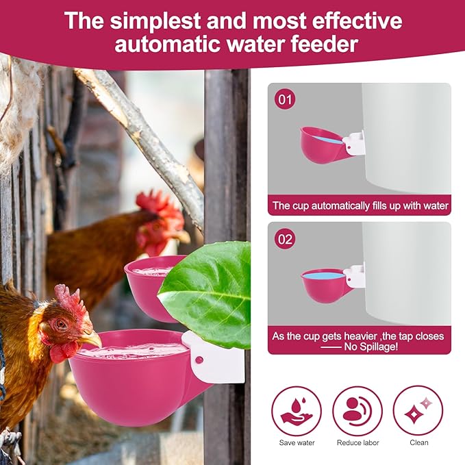Chicken Waterer Cups (8 Pack/Purplish Red) - DIY Automatic Large Chicken Water Feeder for Ducks,Chicks, Turkeys, Quail, Bunny, Bird and Other Various Poultry Dispenser with Matching Drill