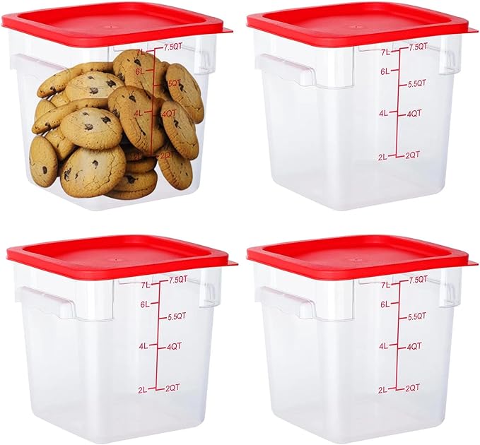 4 Pack Food Storage Containers, 8 Quart with Lids, Square Commercial Containers with Scale, NSF, Polycarbonate, Clear