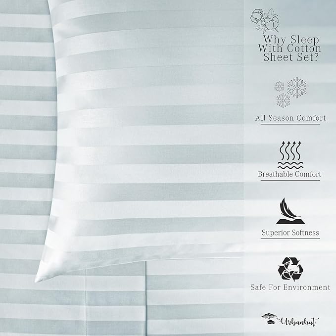 URBANHUT 1000 Thread Count Damask Striped Twin Size Egyptian Cotton Sheets, Long Staple Soft & Breathable, 4 Pc Bed Sheet Sets, Luxury Hotel Sateen Sheets Fits 16" Deep Pocket - Light Blue