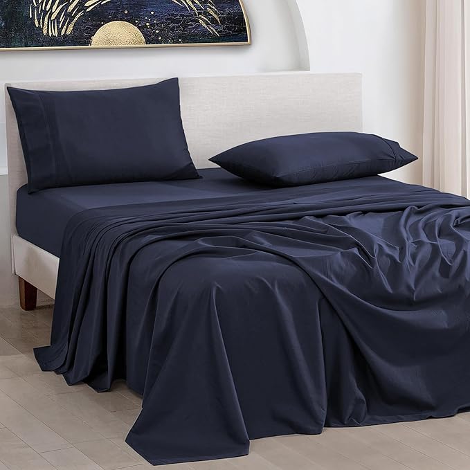 URBANHUT 1000 Thread Count 100% Solid Cotton Twin Sheet Set, Luxury Bedding Set for Twin Size Bed, All Season Sateen Weave Hotel Bedsheets, 16" Elasticized Deep Pocket, Comfy - Navy Blue (3 Pc)