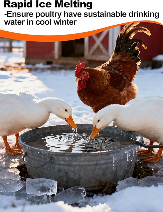 250W Submersible Chicken Waterer Heater- Thermostatic Control Deicer for Max 40 Gals Water Capacity, Energy-Saving Rust-Proof Chicken Coop Poultry Water Heaters for Duck Goose Bird Livestock