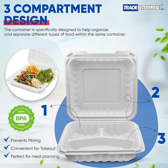 To Go Food Containers, Reusable 150 Pack 8 Inch 3 Compartment White Clamshell Take Out Food Boxes MFPP Meal Prep Container BPA Free Microwave Freezer Safe Plastic Hinged 34 OZ
