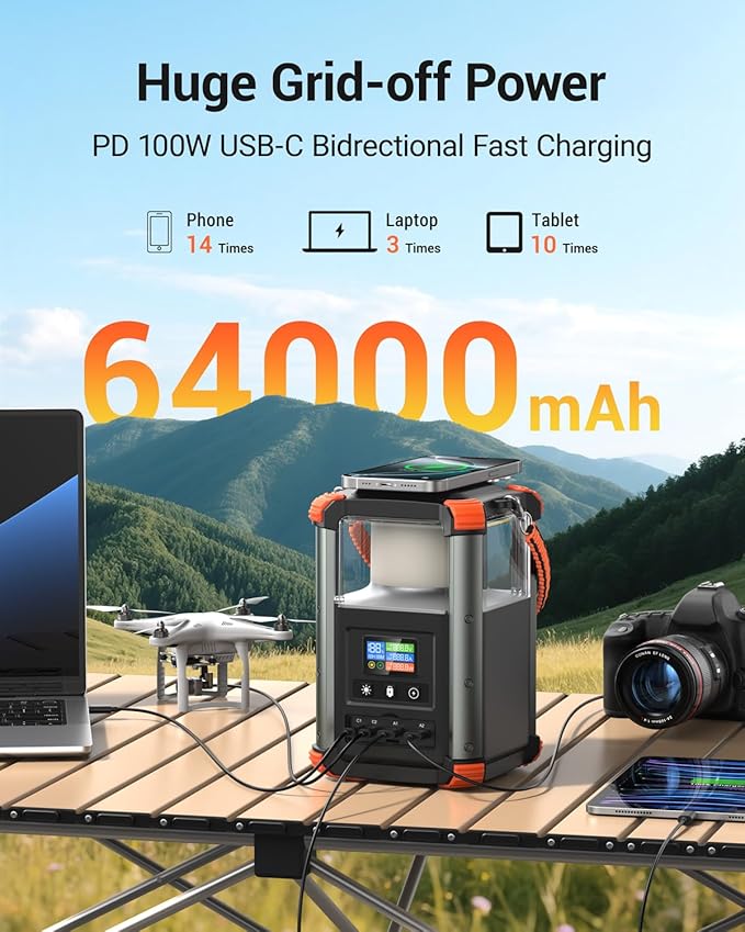 BLAVOR Portable Power Station 64,000mAh, 236.8Wh Outdoor Generator, 100W+65W USB C Two-Way Fast Charging Small Generator, 15W Wireless Power Bank with Camping Lantern for Camping, and Home Emergencies