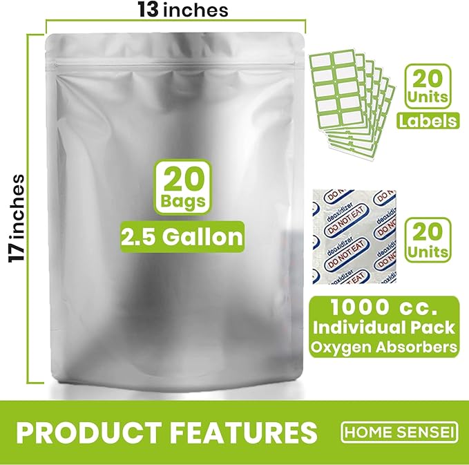 20 Mylar Bags for Food Storage, 2.5 Gallon Capacity, Extra Thick 15 Mil, with 1000cc Oxygen Absorbers, Resealable, Stand-Up Gusset, Ideal for Long-Term Food Storage