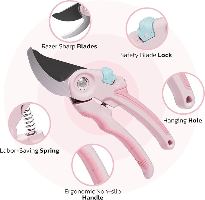 NEXON Garden Pruning Shears 2 Pack, 8" Bypass Hand Pruner & 6.25" Precision Garden Scissors, Professional Garden Clippers for Plants and Flowers Pink