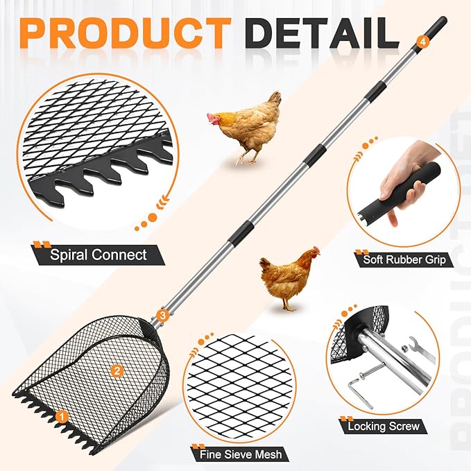 Metal Chicken Poop Scooper and Rake 2-in-1, Poop Chicken Scoop Sand with Stainless Steel Handle (43-73" Adjustable), Sifter Shovel Chicken Coop Sand Rake for Chicken Coops & Farm Animals