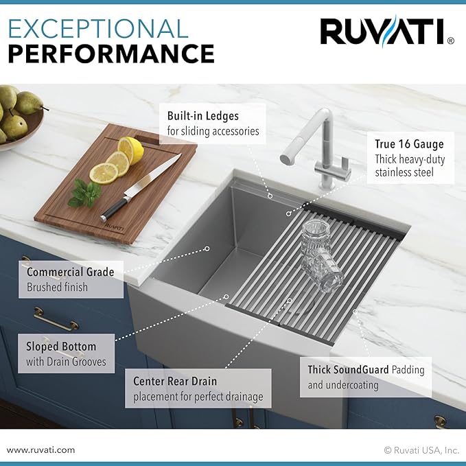 Ruvati 24-inch Apron-front Workstation Farmhouse Kitchen Sink 16 Gauge Stainless Steel Single Bowl - RVH9020