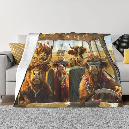 Funny Highland Cow Throw Blanket Hawaii Highland Cow Decor Blanket Super Cozy Plush Lightweight Soft Plush Flannel Fleece Cow Blanket Gifts for Girls Boys Kids Women Men for Sofa Bed Couch 60"X50"