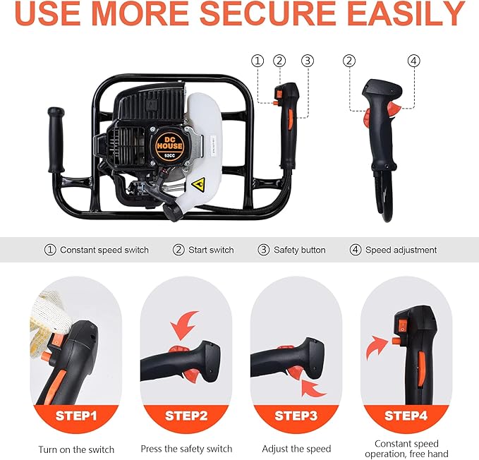 DC HOUSE 52cc 1800W Gas Powered Earth Auger EPA Certified Post Hole Digger, with Drill Bit 12 inch, Mixing Ratio 30:1, for Fence, Farmland and Garden