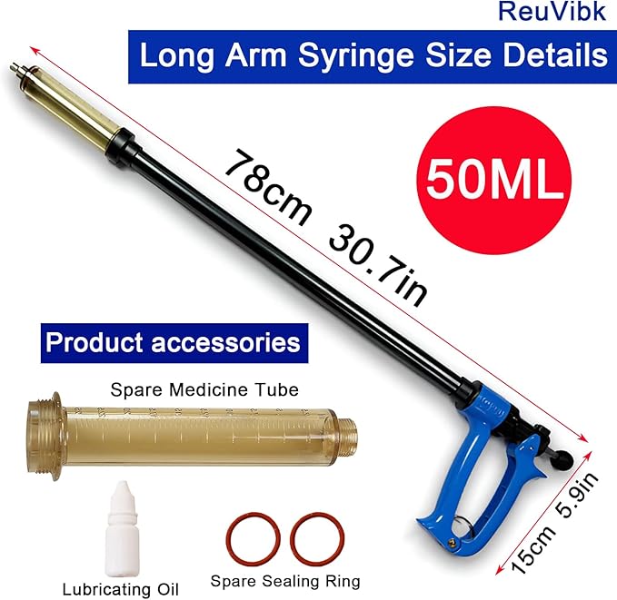 50ML Long Arms Livestock Syringe Gun, 5 Gears Adjustable Animals Injector Continuous Cattle Syringe Gun with Luer Lock, Suitable for Pigs, Cattle, Sheep, Horses, Etc