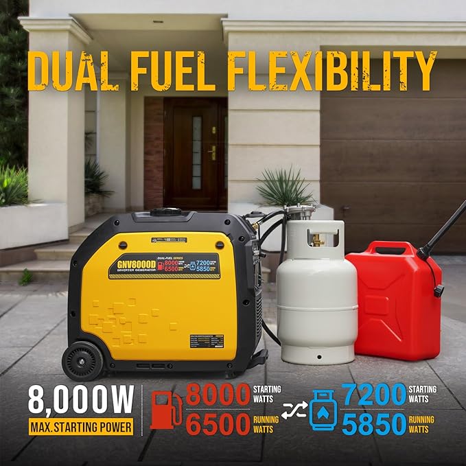 8000W Dual Fuel Inverter Generator, Gas & Propane Powered, RV Ready Remote/Electric Start, Super Quiet, 30A＆50A Ultra Outlet with CO Sensor Portable Generator for RV, Home Backup or Emergency