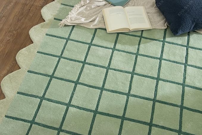 Mint Green Scalloped Edge Wool Area Rug with Checker Grid Design, Hand-Tufted Soft Carpet for Living Room, Bedroom, Nursery, Kids & Playroom Décor - 4x7 Ft