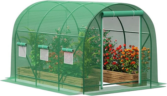 10×7×7 FT Greenhouses for Outdoors Heavy Duty, Large Walk in Green Houses for Outside with 6 Ventilated Mesh Windows & Roll-up Door & Reinforced Frame