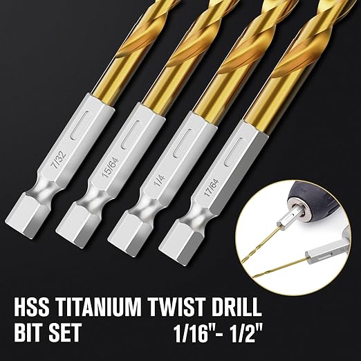 Hex Shank Drill Bit Set, 30Pcs HSS Titanium Twist Drill Bit for Sheet Metal, Wood, Plastic, Quick Change Design (1/16" - 1/2")