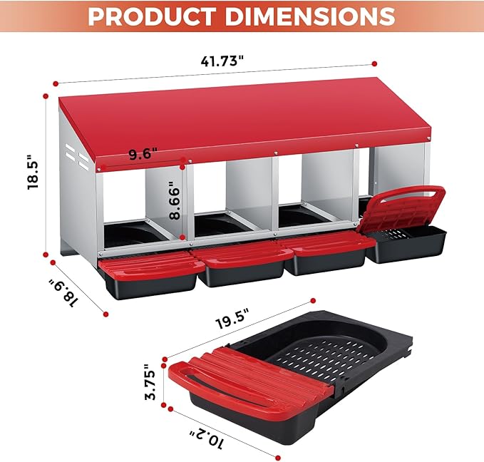GarveeLife Chicken Nesting Box, 4 Compartments Laying Nest Boxes for Laying Eggs Chicken Brooder Box Nest Box with Perch 4 Hole Red