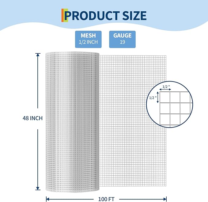 Hardware Cloth 1/2 inch - 48in x 100ft 19GA Heavy Duty Galvanized Chicken Wire Mesh Roll, Hot-Dipped After Welding for Chicken Coop, Rabbit Cages & Garden Fencing – Poultry Netting & Fencing