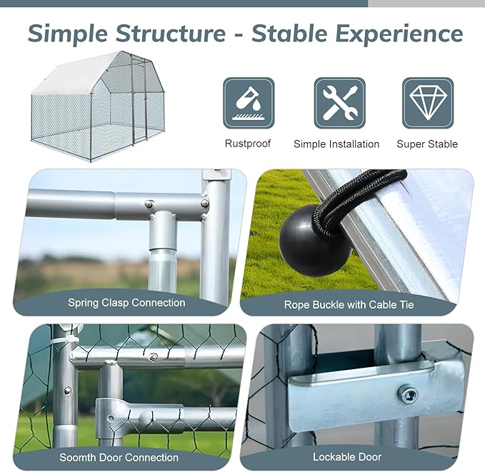 VINGLI Chicken Coop, Large Metal Poultry Cage for Chicken Run, Walk-in Chicken Pen with Waterproof & Anti-UV Cover Outdoor (Silver-Flat Roof, 6.5 * 9.8 * 6.5 ft)