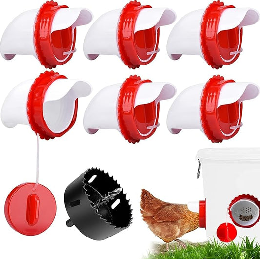 Chicken Feeder Port Kit –6 Pack Automatic Poultry Feeder Cups for Buckets & Bins, No Waste Rainproof DIY Chicken Feeders for Hens, Ducks & Other Poultry