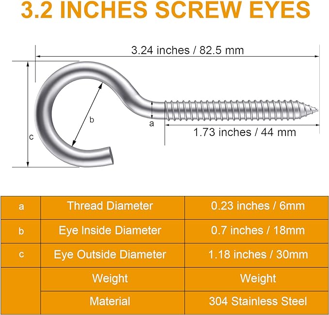 Pack of 12 M6 Metal Hooks, heavy-duty304 Stainless Steel Screw Hooks, self-Tapping Eye-Ring Bolt Hooks, Wooden Terminal Eye-Hole Hooks, Pendant Lights and Wires, Strong
