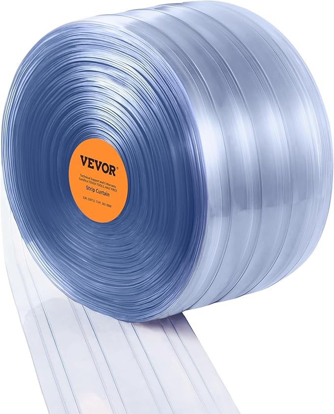 VEVOR Strip Curtain, 150' Length x 8" Width x 0.08" Thickness, Clear Ribbed PVC Curtain Strip Door Bulk Roll, Plastic Door Strips for Doorways of Supermarket, Garage, Warehouse, Barn, Pet Animal House