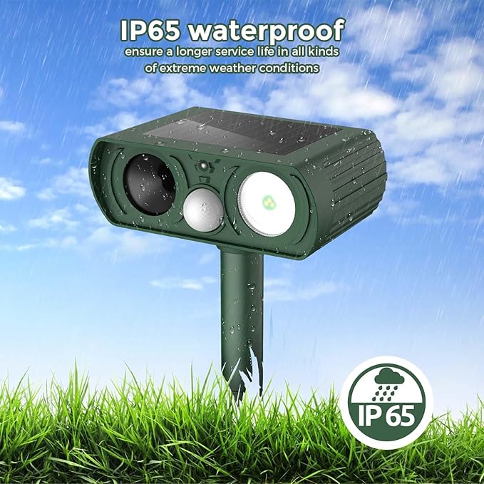 Upgraded Solar Ultrasonic Animal Repellent Outdoor, Deer Repellent Devices Squirrel Cat Raccoon Rabbit Dog Deterrent, Keep Rodent Chipmunk Away Motion Detection with Flash Light for Yard Garden Lawn
