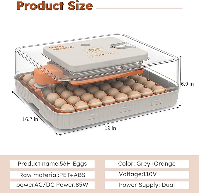 Egg Incubator for Hatching 56 Chicken, Duck, Quail & Goose Eggs – Automatic Egg Turner, Humidity & Temperature Control, Built-in LED Candler, Auto Water Refill, 360° Clear View Digital Poultry Hatcher