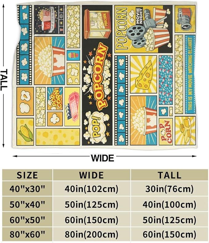 Popcorn Fleece Blanket Movie Ticket Throw Blankets for Girls Boys Super Soft Warm Flannel Night Snacks Food Throws Gifts for Men Women Cozy Fuzzy Plush Stuffed Couch Bed Bedding Decor 50"X40"