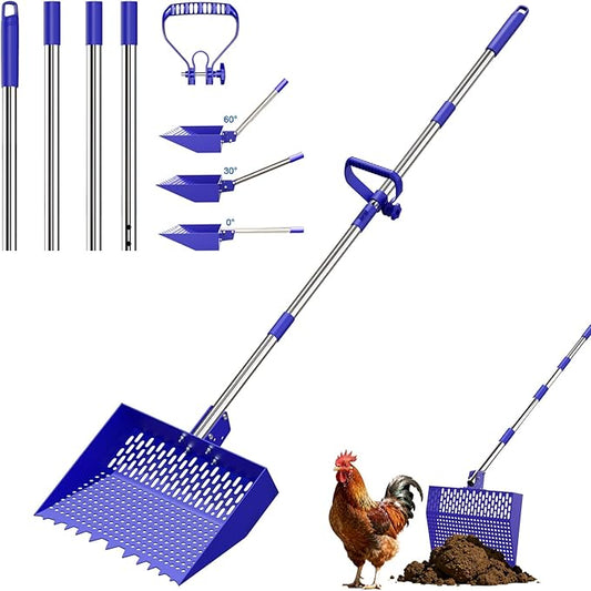 2-in-1 Chicken Poop Scooper & Rake 12-Inch Large Metal Shovel Head Adjustable Stainless Steel Handle (24 to 64") Litter Sifting Shovel Cleaning Tools for Chicken Run, Animal Farm (Blue)