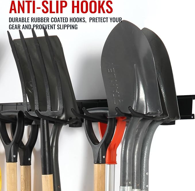 Garage Organization Wall Mount,96inch Garden Tool Organizer with 6 Clamping Hooks, Heavy Duty, Garage Hanging Storage Rack for Yard Tools, Shovel, Shed, Hold Up to 420lbs (96Inch Black)