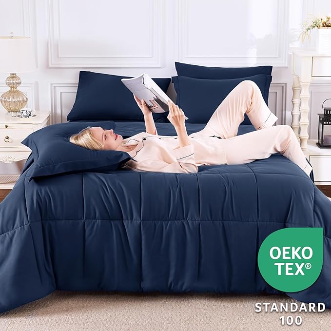 CozyLux King Size Comforter Set Navy Blue - 7 Pieces Bed in a Bag King, Okeo-Tex Certifited Bedding Set, All Season Soft Bed Set with Down Alternative Comforter, Sheets, Pillowcases & Pillow Shams