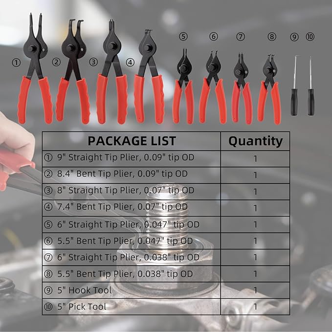 10-Piece Snap Ring Pliers Set, Heavy Duty Internal & External Circlip Pliers Kit with Straight/Bent Tips, Hook, Pick, C-Clip Ring and Circlip Removal Tool for Automotive & Mechanical Repair