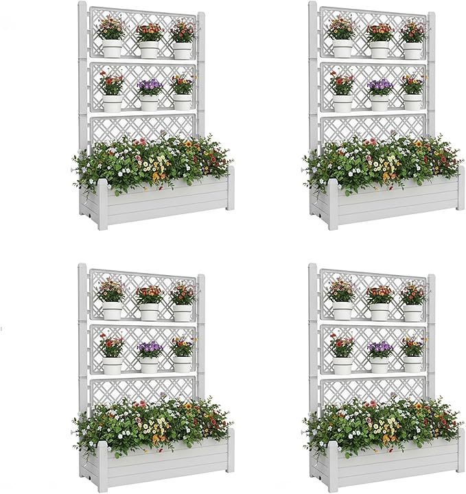 5.3' Tall Raised Garden Bed with Trellis, Outdoor Resin Plant Stand Planter Box with Drainage Plug for Veg/Fruits/Herb/Flower Best Choice for Backyard, Patio, Balcony (Ashen, 4 Pack)
