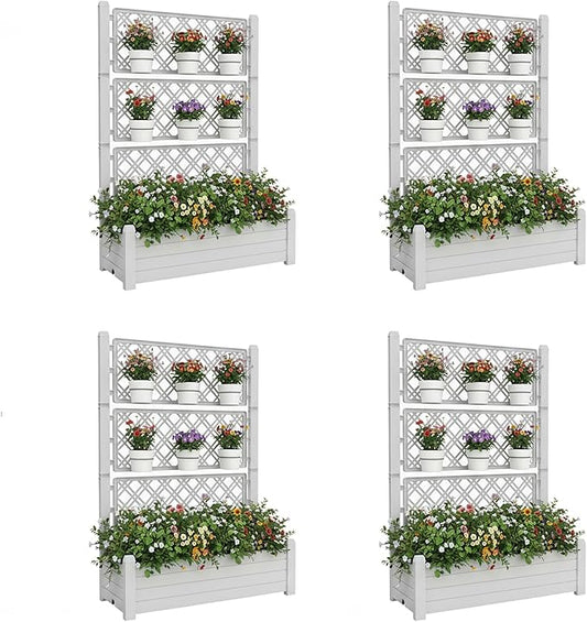 5.3' Tall Raised Garden Bed with Trellis, Outdoor Resin Plant Stand Planter Box with Drainage Plug for Veg/Fruits/Herb/Flower Best Choice for Backyard, Patio, Balcony (Ashen, 4 Pack)